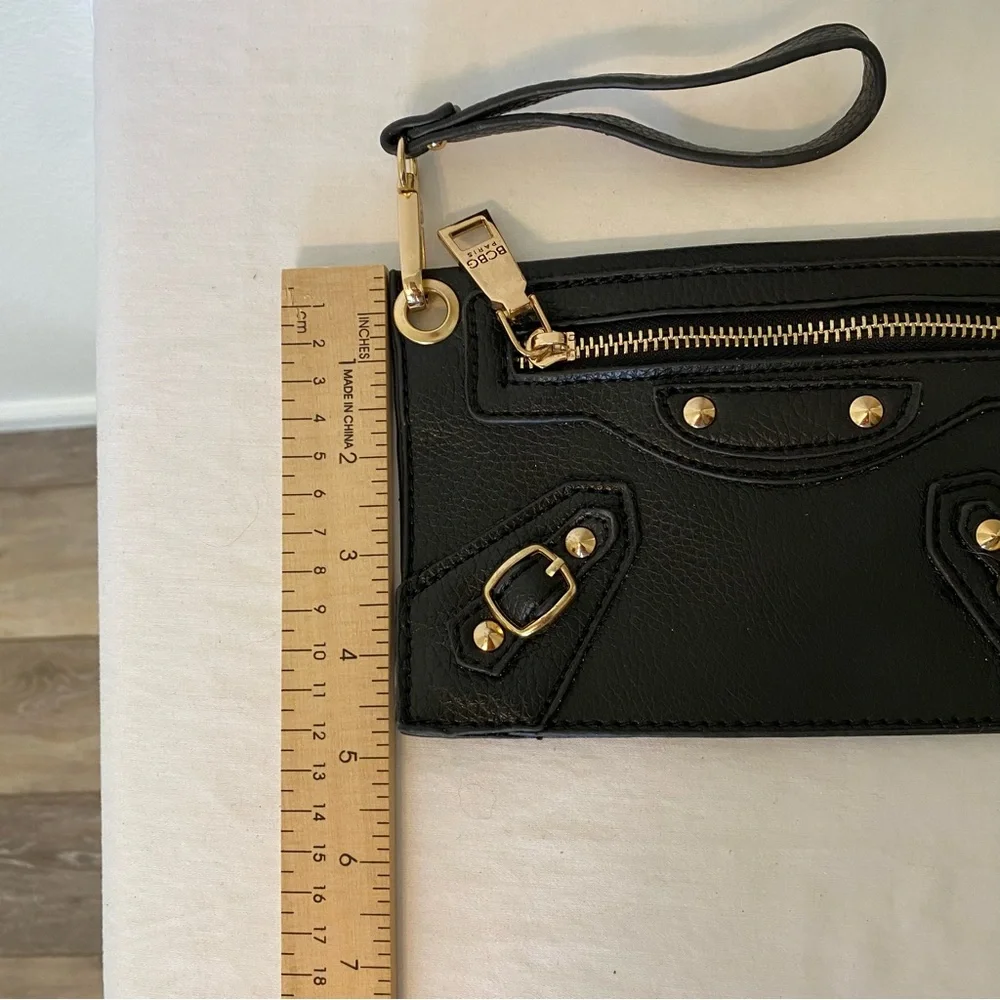 BCBG Black Leather Moto Studded Wristlet Excellent Used Condition